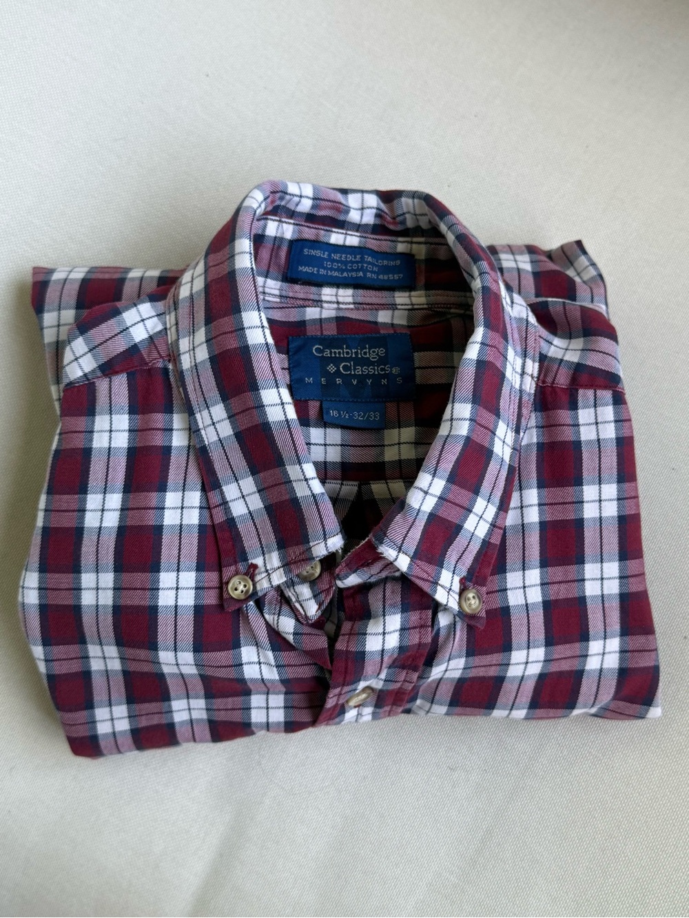 Vintage Cambridge Classic Men's Plaid Button-Up Shirt - Burgundy/White S 16 1/2 - Picture 5 of 6